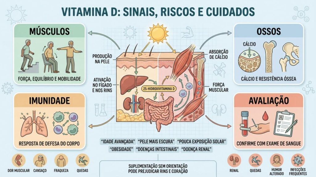 Músculos, ossos, imunidade e exames revelam os efeitos da vitamina D.