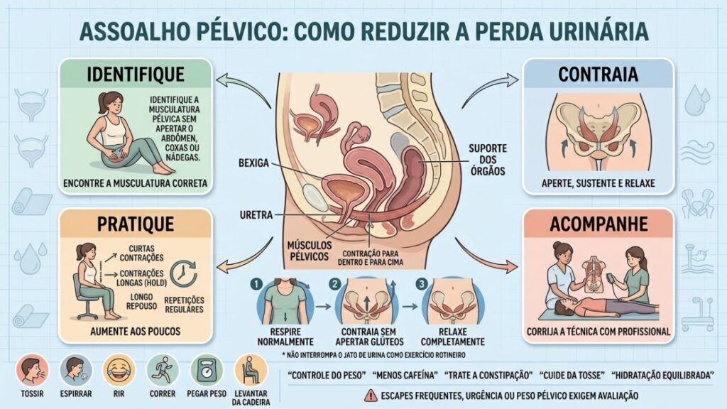 Identificação, contração, prática e acompanhamento formam a base do fortalecimento pélvico.