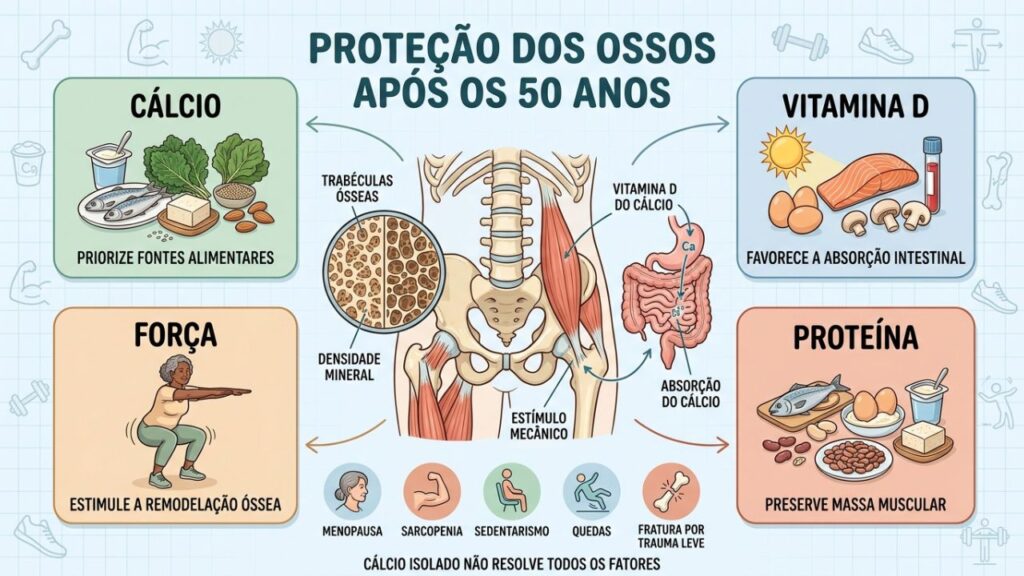 Cálcio, vitamina D, treino de força e proteína sustentam a saúde óssea.