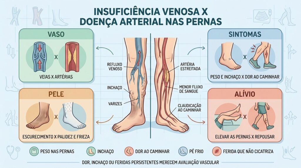 Vaso afetado, sintomas, pele e padrão de alívio diferenciam doenças venosas e arteriais.