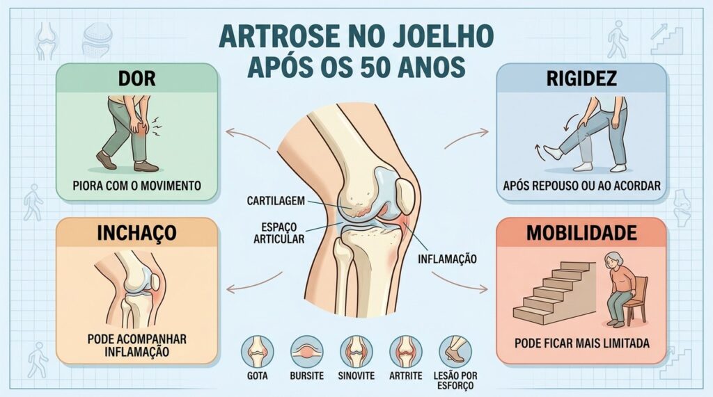 Dor, rigidez, inchaço e mobilidade reduzida ajudam a reconhecer sinais de artrose.