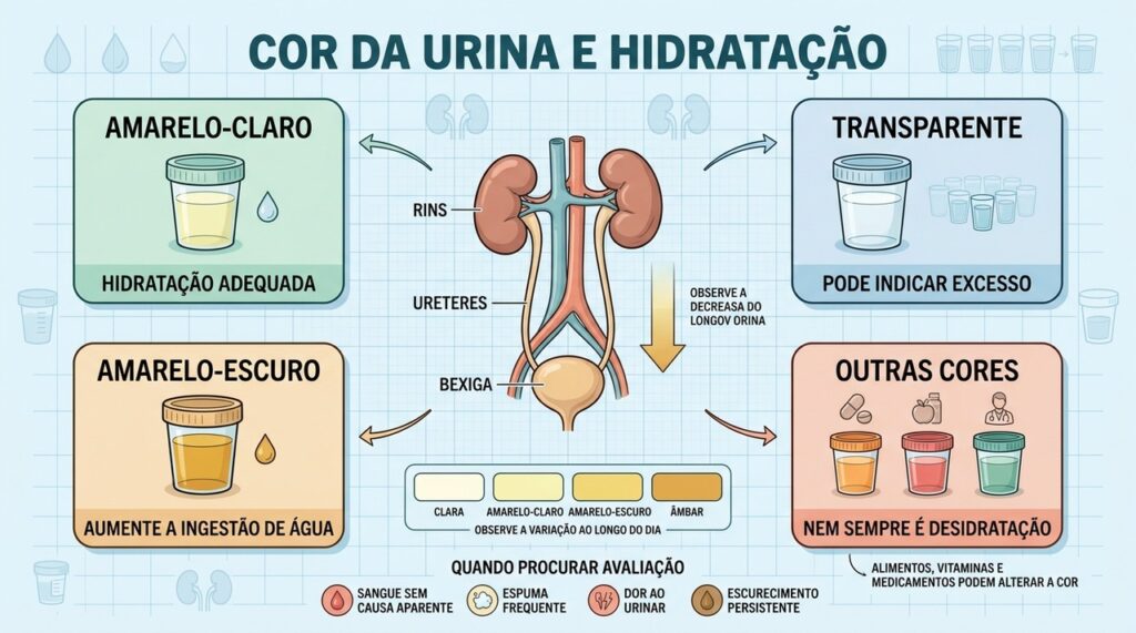 Cores da urina ajudam a diferenciar hidratação adequada, concentração e sinais de alerta.