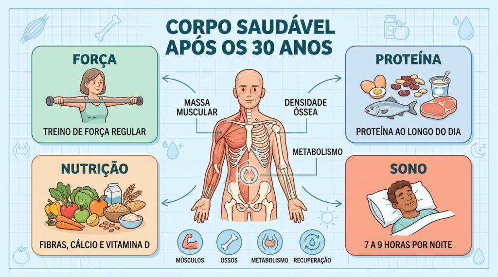 Quatro pilares ajudam a proteger músculos, ossos, metabolismo e recuperação após os 30 anos.
