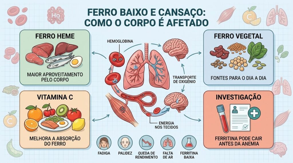 Ferro, hemoglobina, vitamina C e ferritina ajudam a explicar fadiga antes da anemia.