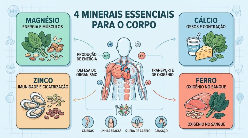 Magnésio, cálcio, zinco e ferro participam da energia, imunidade, ossos e oxigenação.