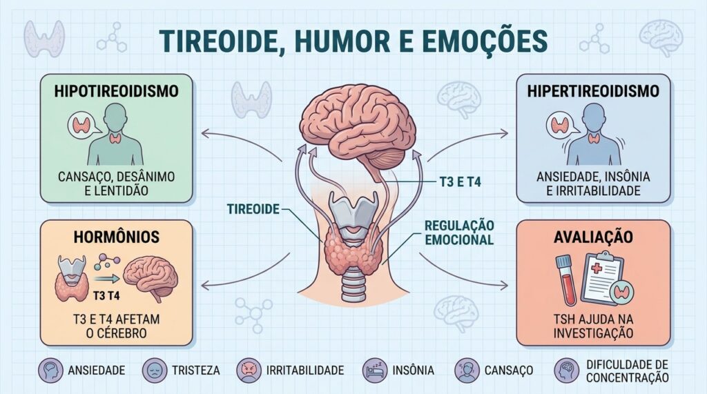 Hipotireoidismo e hipertireoidismo podem afetar humor, sono, energia e concentração.