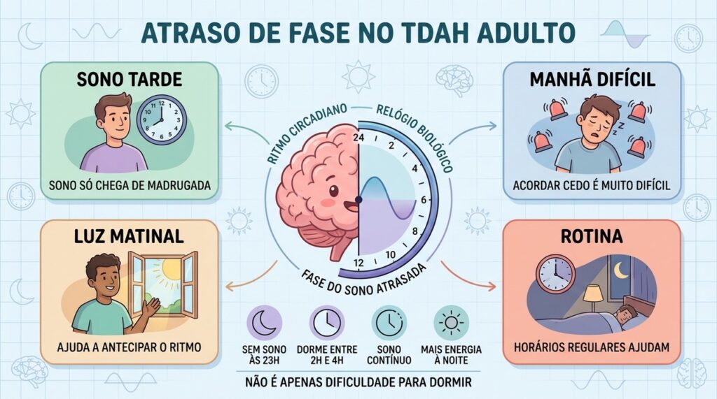 Sono tardio, manhã difícil, luz natural e rotina ajudam a entender o atraso de fase.