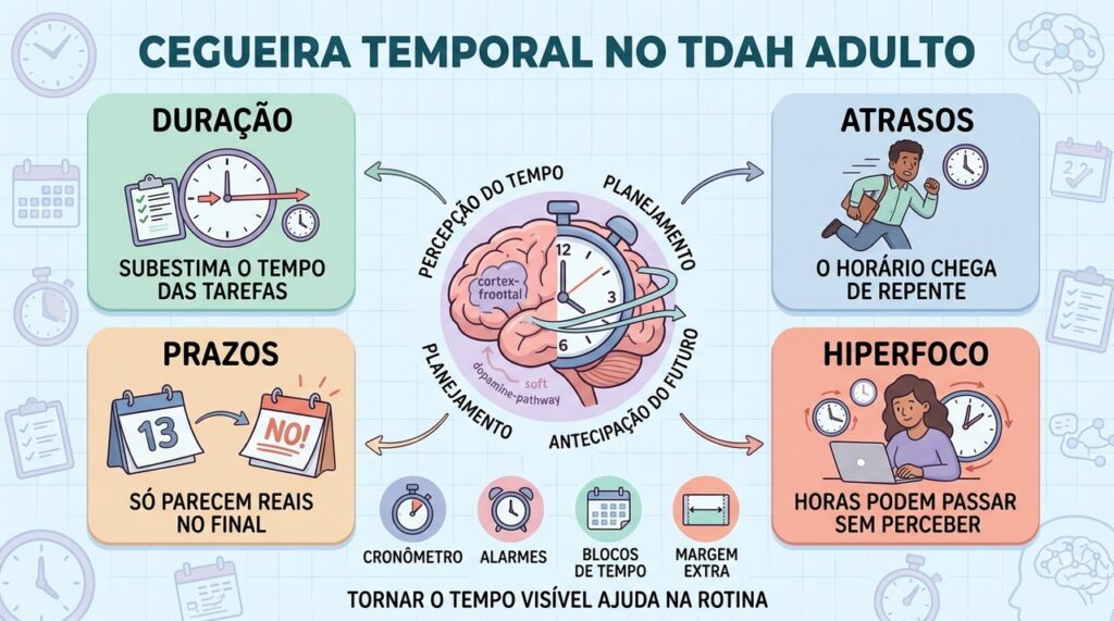 Duração, atrasos, prazos e hiperfoco mostram como a cegueira temporal afeta a rotina.
