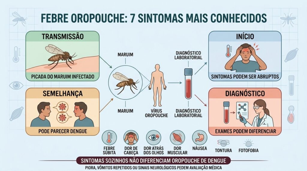 Febre, cefaleia, dor ocular e outros sintomas podem lembrar dengue.