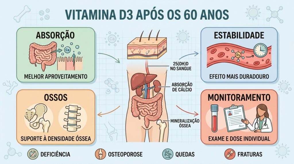 Absorção, estabilidade, saúde óssea e monitoramento orientam o uso da vitamina D3.