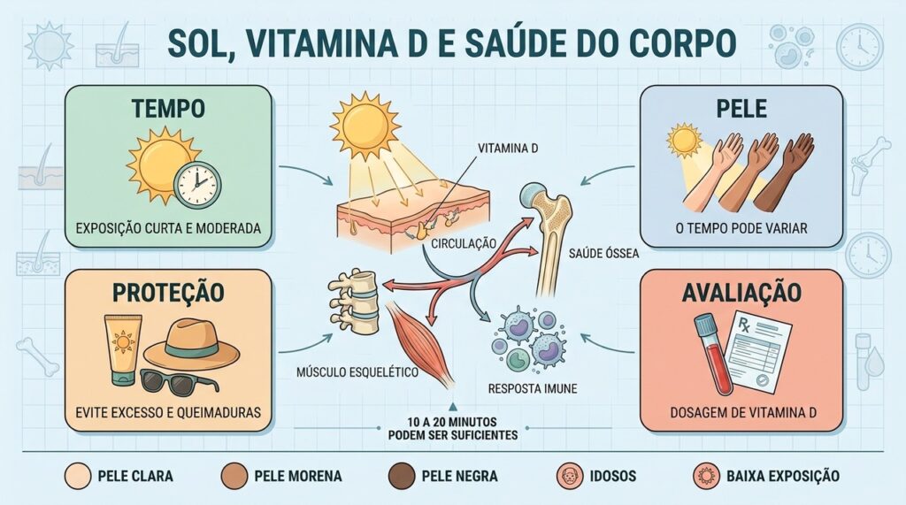 Tempo, tom de pele, proteção e dosagem orientam uma exposição solar mais segura.