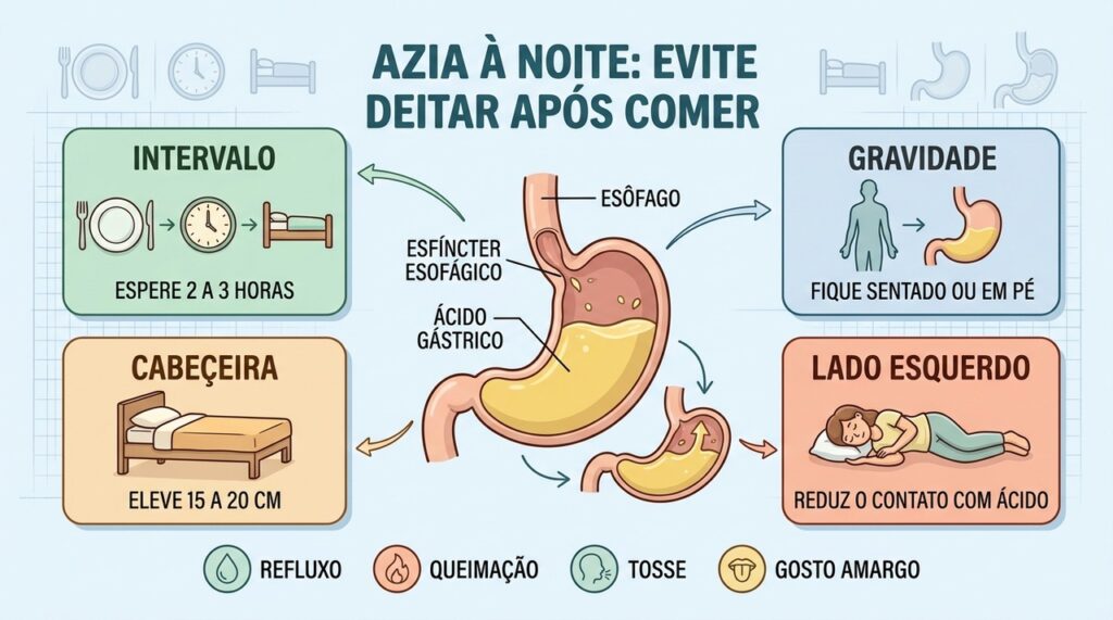 Quatro medidas ajudam a reduzir o refluxo noturno: intervalo, gravidade, cabeceira elevada e lado esquerdo.