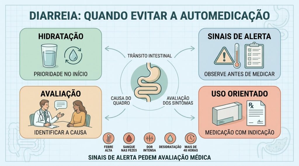 Hidratação, sinais de alerta e avaliação médica orientam o uso seguro de antidiarreicos.