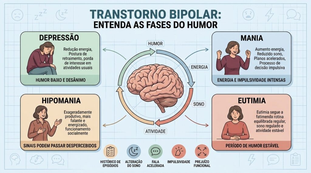 Depressão, mania, hipomania e eutimia ajudam a compreender as fases do transtorno bipolar.