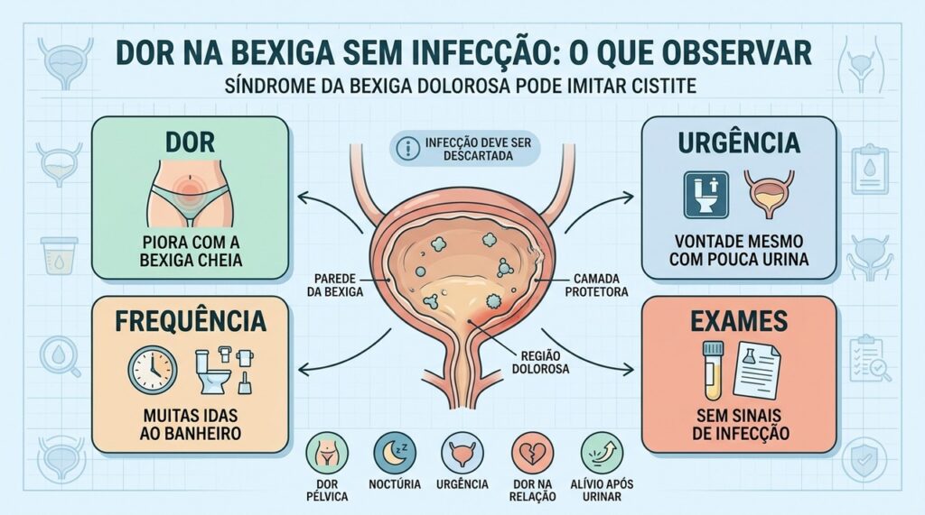 Dor, urgência, frequência e exames normais ajudam a levantar suspeita de bexiga dolorosa.