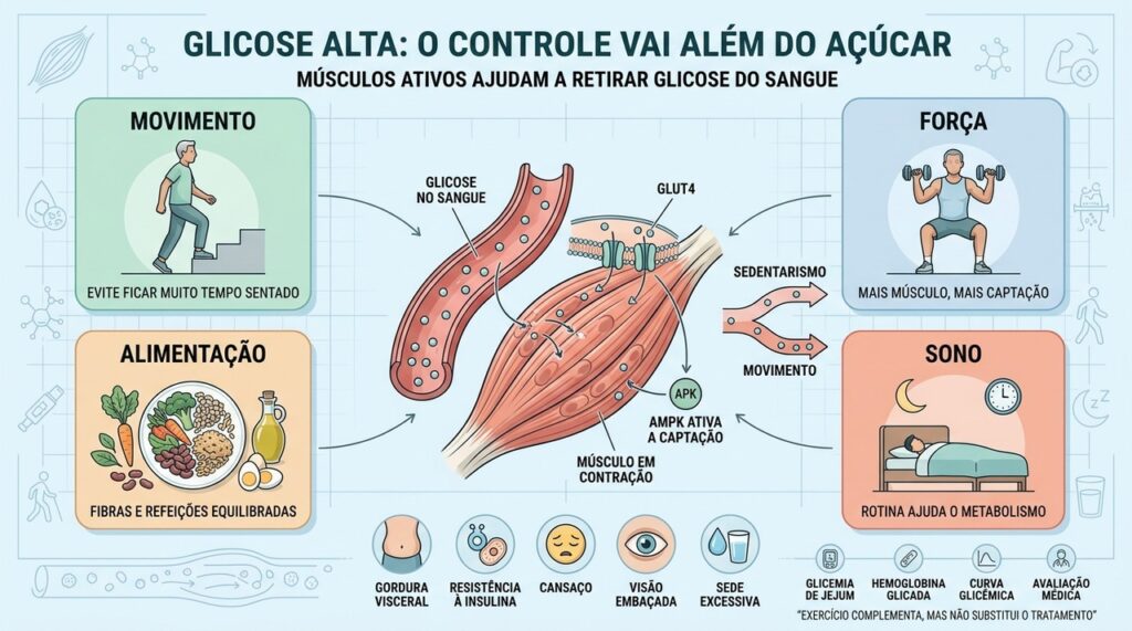 Movimento, força, alimentação e sono ajudam os músculos a controlar a glicose.