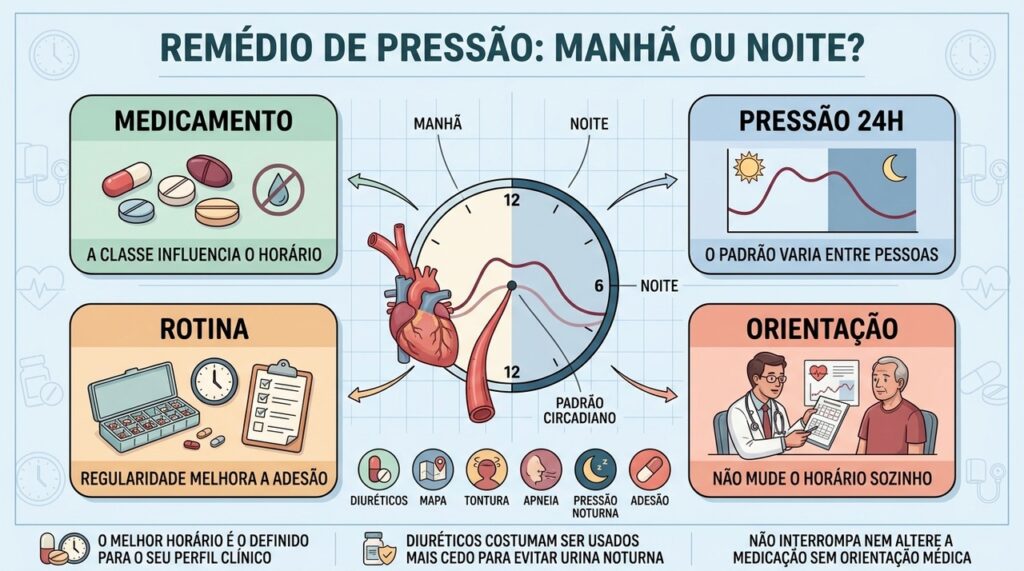 Medicamento, pressão nas 24 horas, rotina e orientação definem o melhor horário.