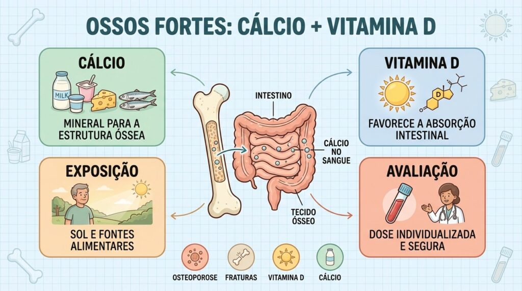Quatro pilares conectam cálcio, vitamina D, exposição solar e avaliação individual para proteger os ossos.