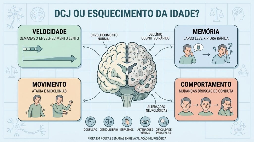 Memória, equilíbrio e movimentos involuntários ajudam a diferenciar DCJ do envelhecimento normal.