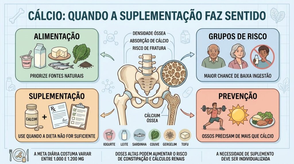 Alimentação, grupos de risco e avaliação individual orientam a suplementação segura de cálcio.