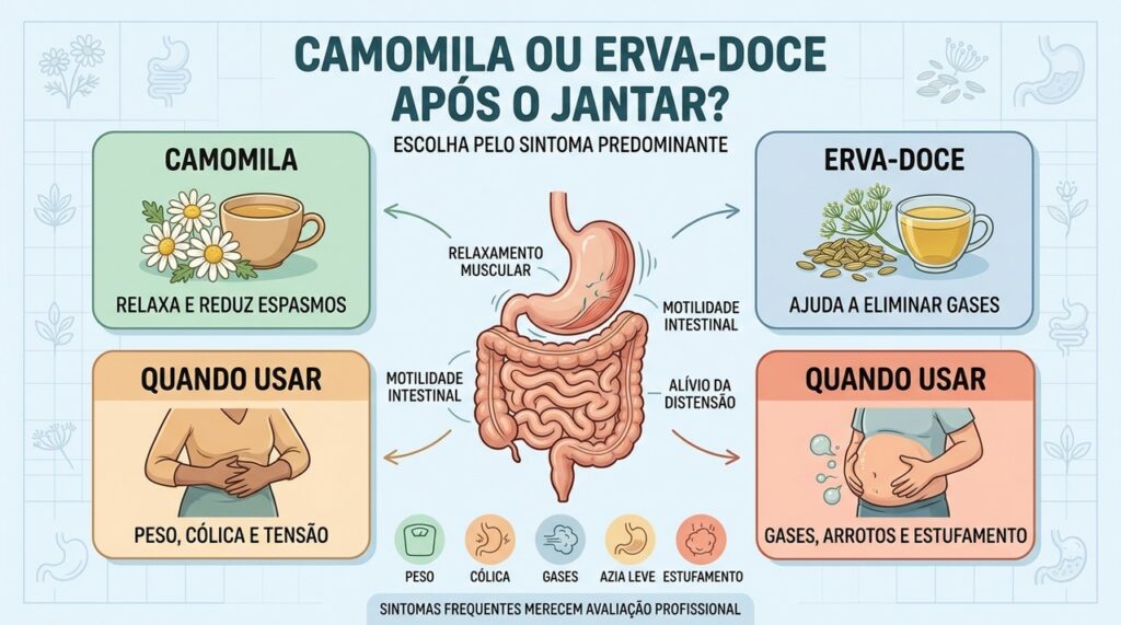 Camomila favorece relaxamento digestivo, enquanto erva-doce atua principalmente sobre gases e distensão.
