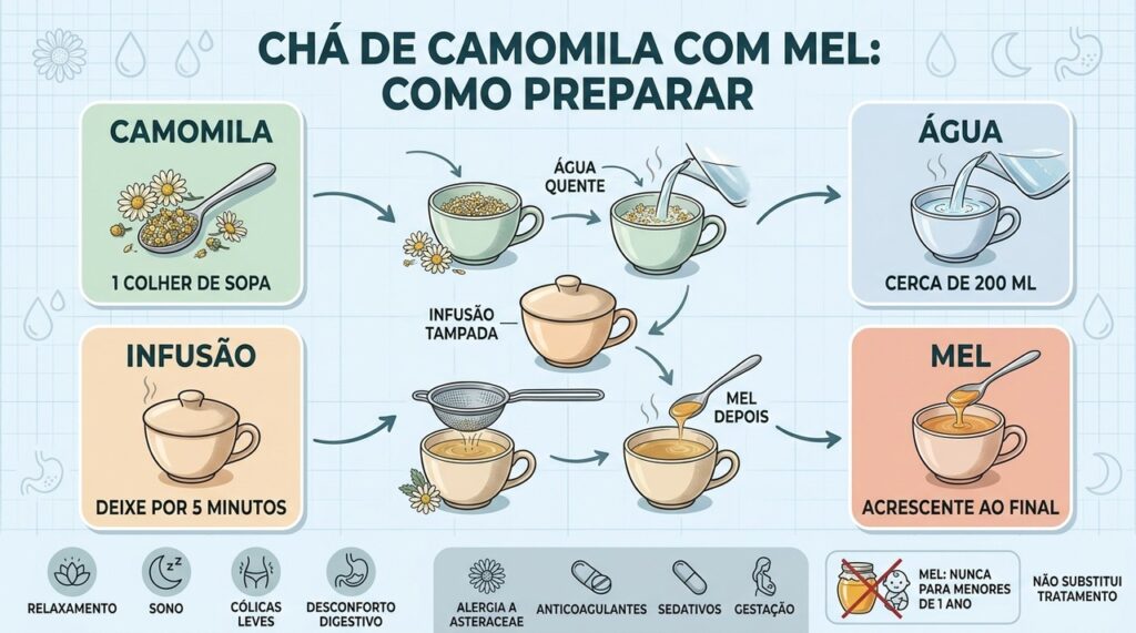 Camomila em infusão e mel ao final formam um preparo simples e moderado.