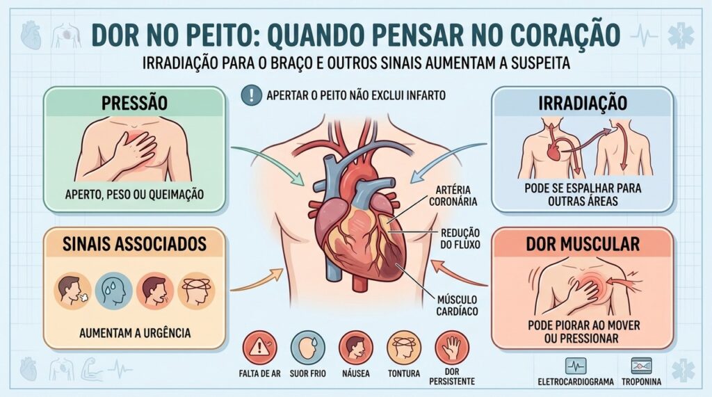 Pressão, irradiação e sintomas associados ajudam a reconhecer sinais de alerta cardíaco.