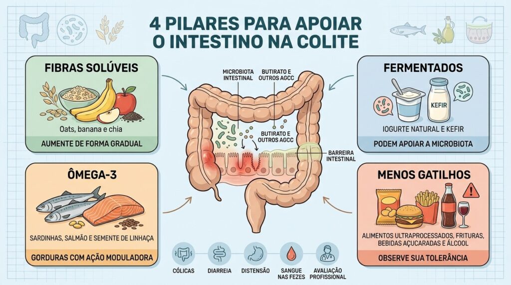 Fibras, fermentados, ômega-3 e menos gatilhos podem apoiar o intestino na colite.