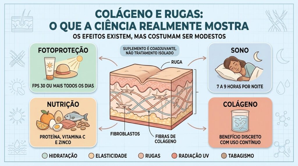 Fotoproteção, sono, nutrição e colágeno atuam de formas diferentes na saúde da pele.