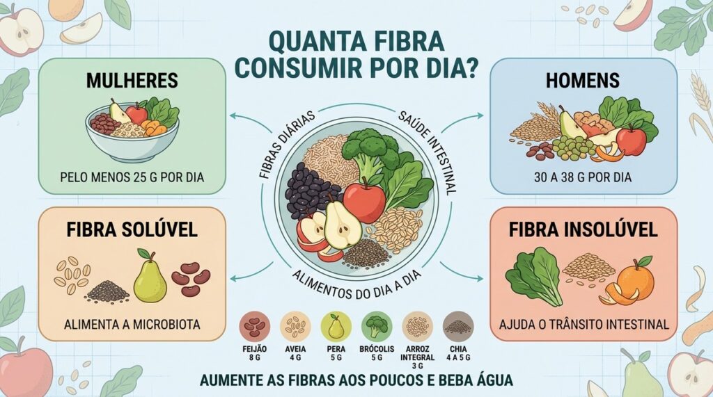 Metas diárias, tipos de fibra e alimentos ajudam a organizar o consumo intestinal.