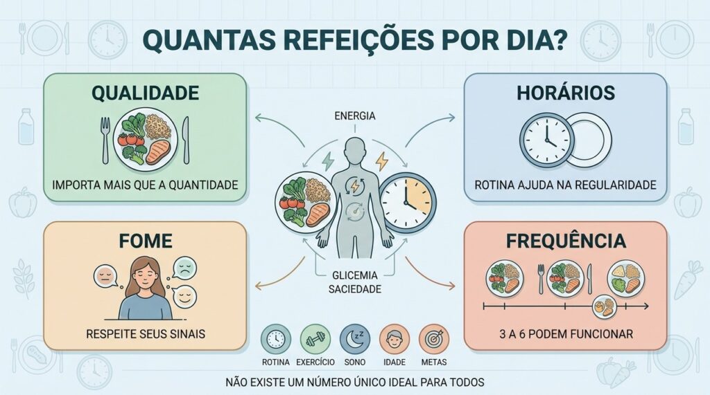 Qualidade, horários, fome e rotina definem melhor a frequência das refeições.