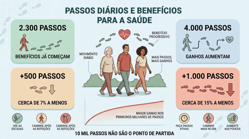 Os benefícios aparecem cedo e aumentam progressivamente conforme a caminhada diária cresce.