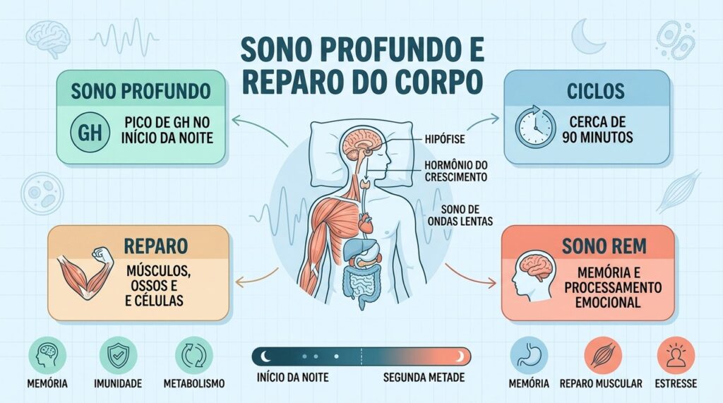 Quatro pilares mostram como sono profundo, ciclos, reparo e REM sustentam a recuperação.
