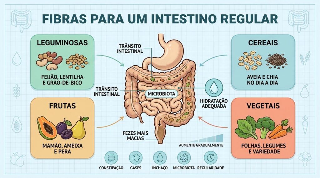 Feijão, aveia, chia, frutas e vegetais formam uma estratégia prática para o intestino.