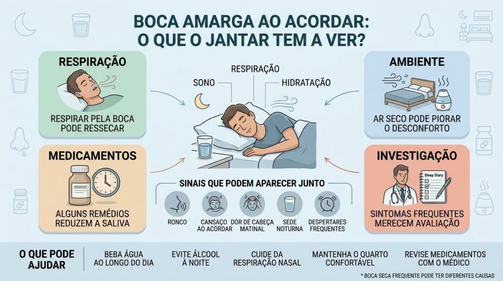 Respiração, ambiente, medicamentos e investigação ajudam a entender a boca seca noturna.