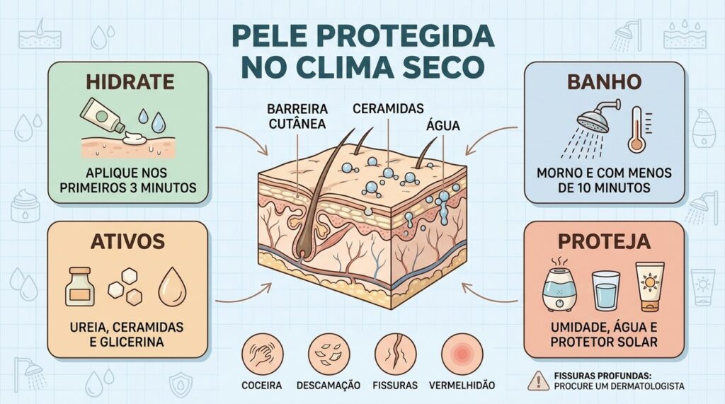 Hidratação após o banho, ativos adequados e proteção ajudam a preservar a barreira da pele.