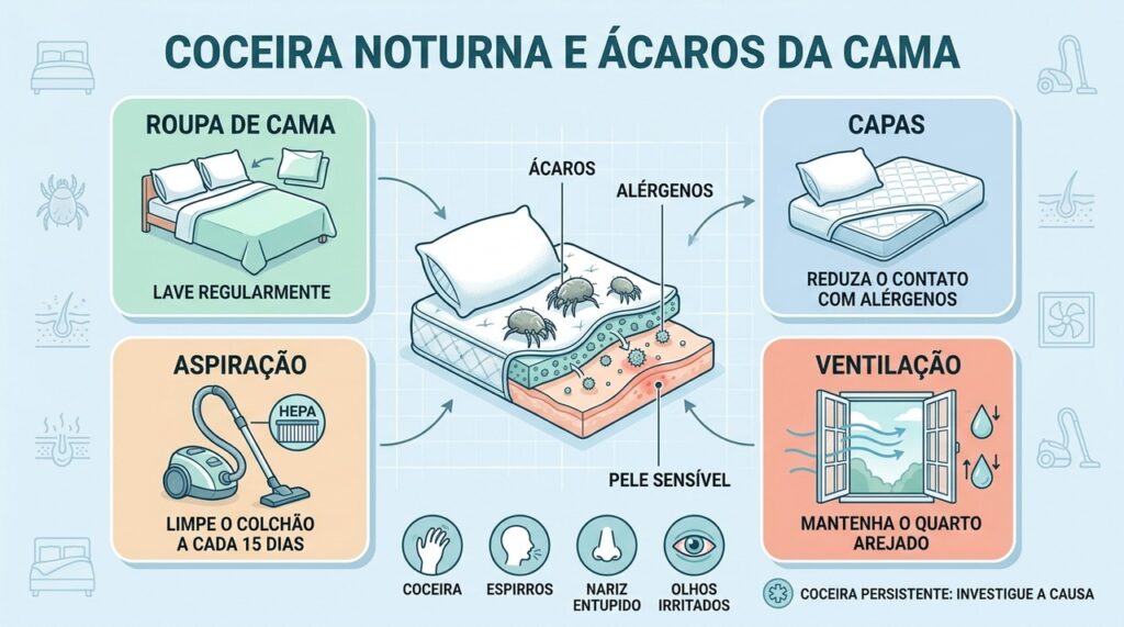 Ácaros e alérgenos da cama podem contribuir para coceira noturna, espirros e irritação ocular.