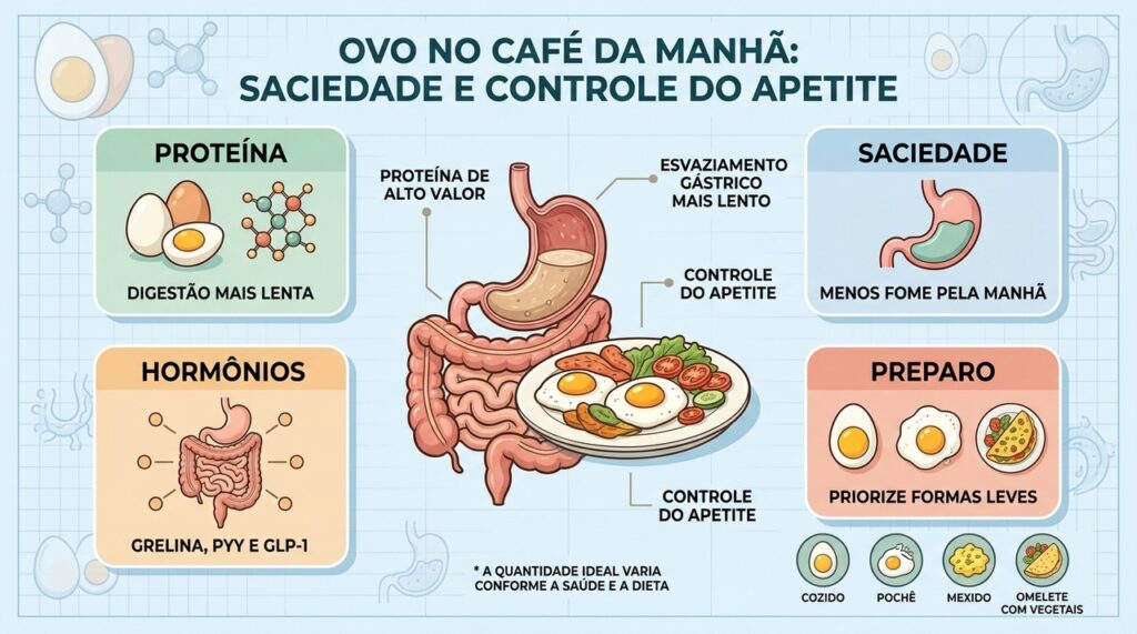 Proteína, saciedade, hormônios e preparo explicam como ovos podem ajudar no controle do apetite.