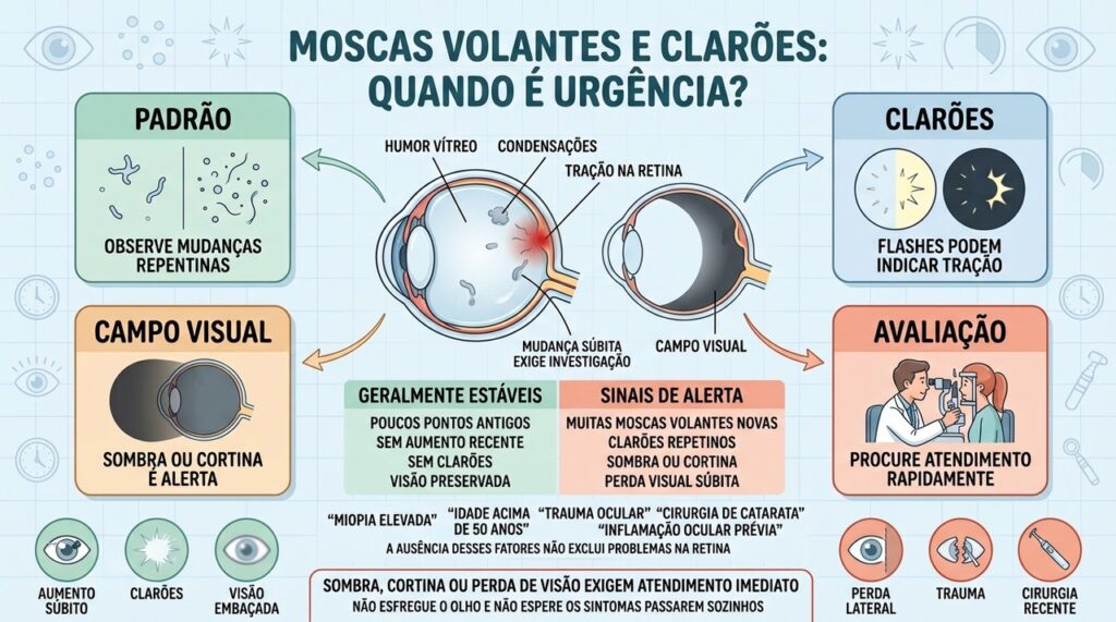 Padrão, clarões, campo visual e avaliação indicam quando buscar urgência ocular.