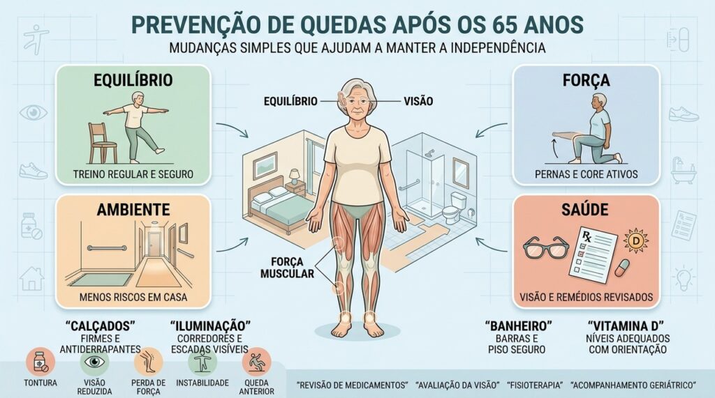 Equilíbrio, força, ambiente e revisão da saúde reduzem o risco de quedas.