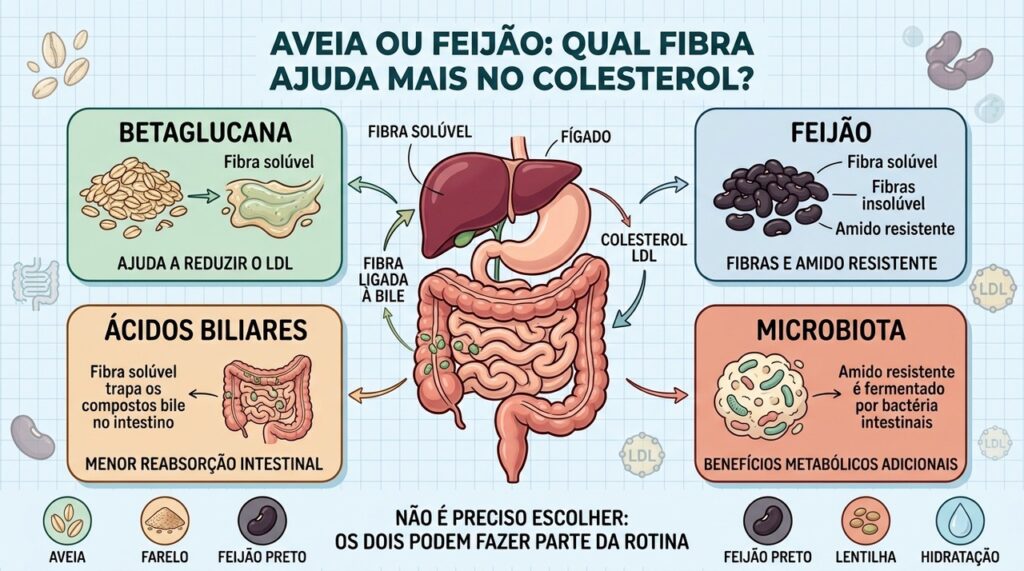 Betaglucana, fibras do feijão, ácidos biliares e microbiota atuam por mecanismos complementares.