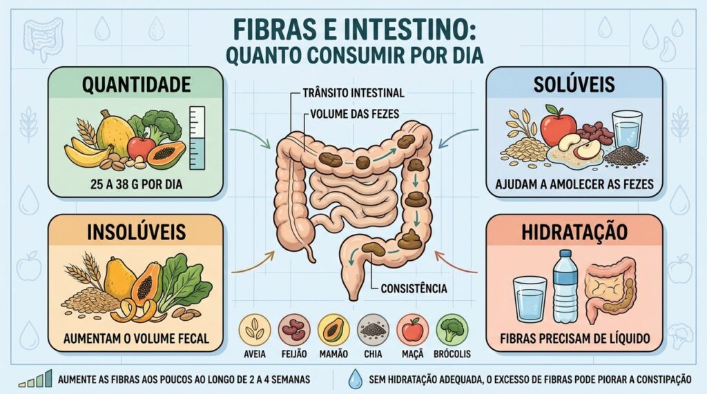 Quantidade, tipos de fibra e hidratação orientam o consumo para melhorar o intestino.