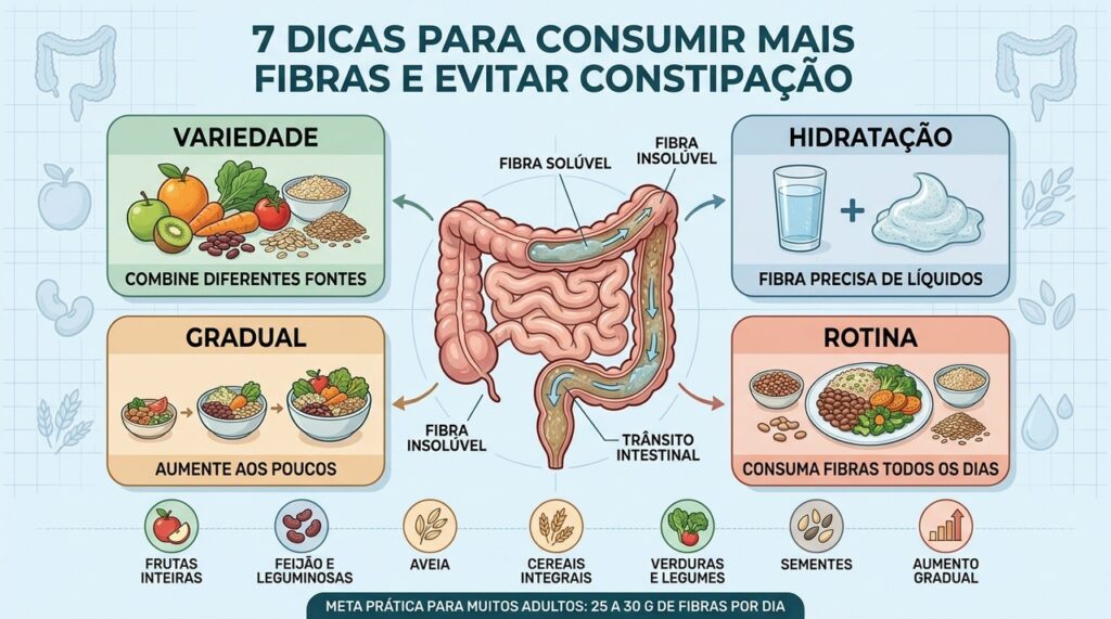 Variedade, água e aumento gradual tornam o consumo de fibras mais eficaz.
