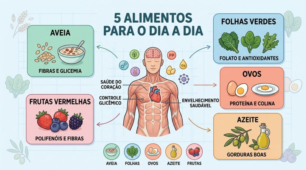 Cinco alimentos oferecem fibras, proteínas, gorduras boas e antioxidantes para a rotina.