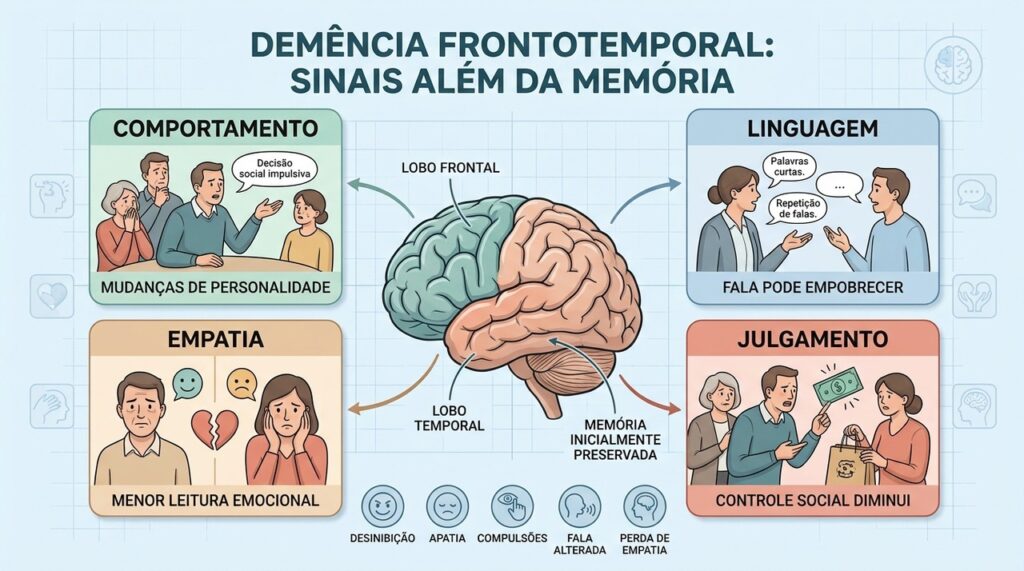 Comportamento, linguagem, empatia e julgamento são sinais centrais da demência frontotemporal.