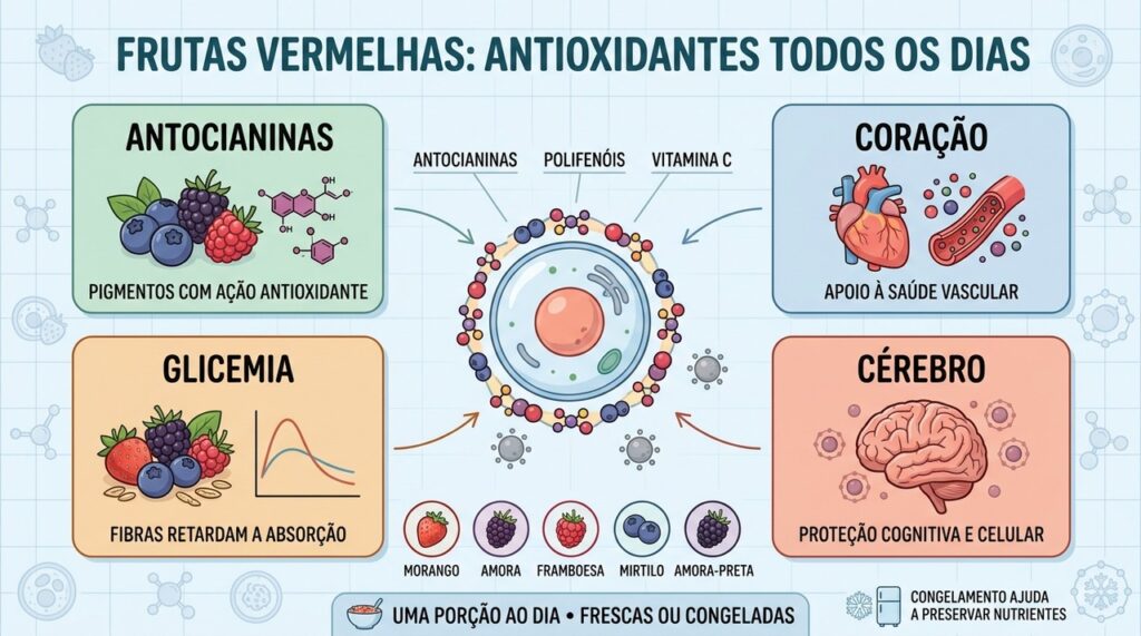Antocianinas, fibras, vitamina C e polifenóis reforçam os benefícios das frutas vermelhas.