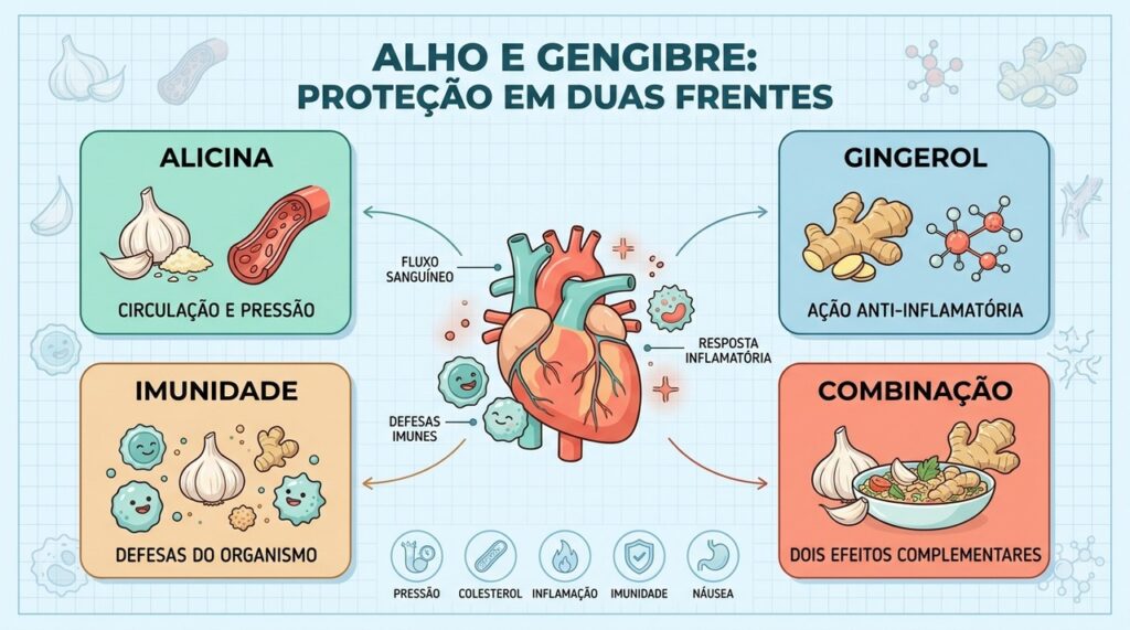 Alho e gengibre atuam em frentes diferentes, envolvendo circulação, inflamação, imunidade e náuseas.