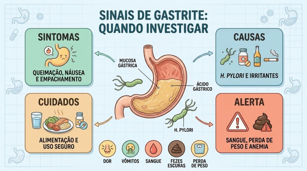 Sintomas, causas e sinais de alerta ajudam a identificar quando investigar gastrite.