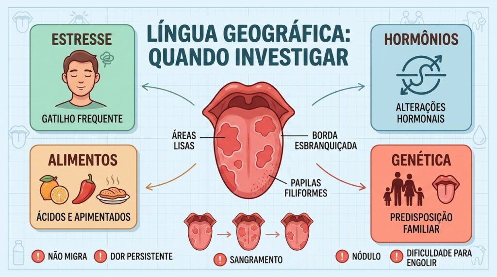Língua geográfica costuma migrar, mas lesões persistentes precisam de avaliação profissional.