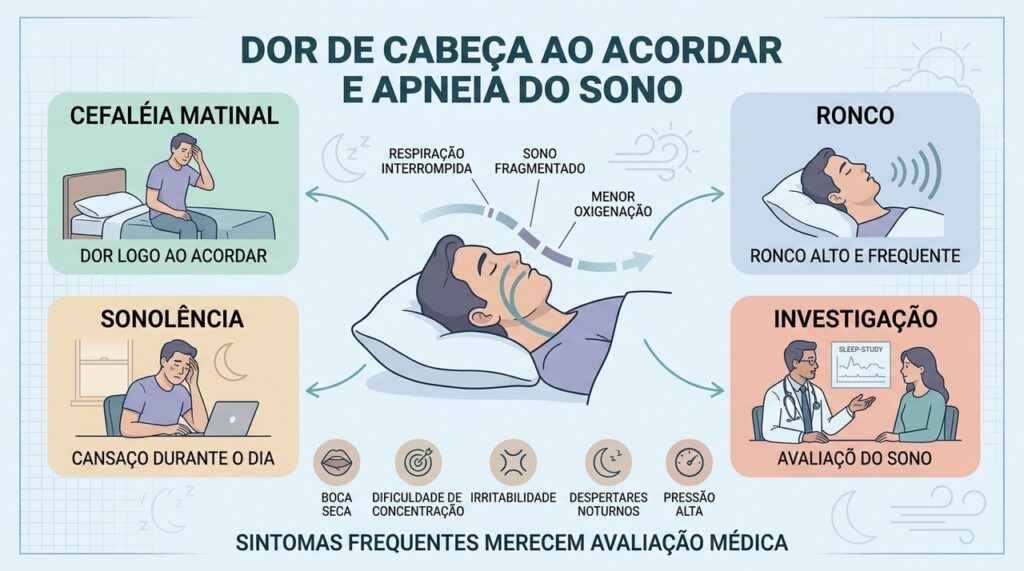 Cefaleia matinal, ronco, sonolência e sono fragmentado podem sugerir apneia.